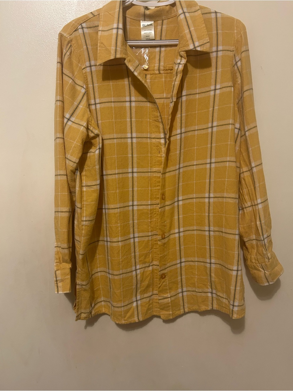 NWOT Blair Cozy Casual Flannel Yellow Plaid Button-Down Shirt long sleeve Sz M